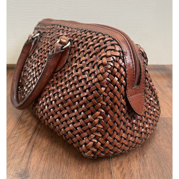 TALBOTS Vintage Brown Leather Woven Zip Top Handle Doctor's Bag Purse Satchel - Picture 7 of 15